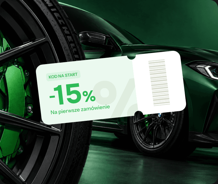 Kupon „Kod na start” −15% na pierwsze zamówienie na tle zielonego samochodu